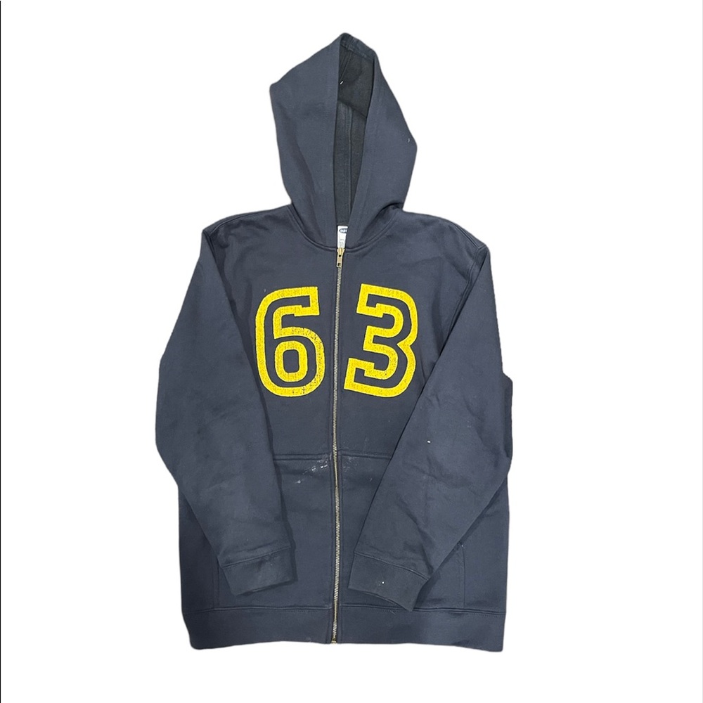 navy blue yellow lettered 63 zip up